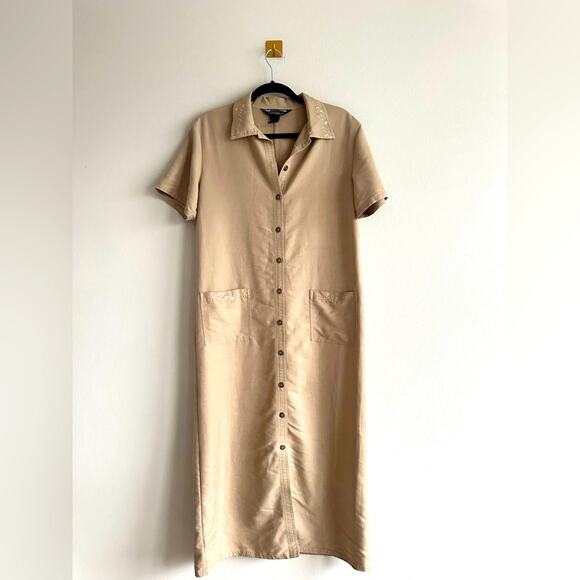 Vintage 90s Khaki Midi Shirt Dress Embroidered Collar, Western Cottagecore - Picture 1 of 9